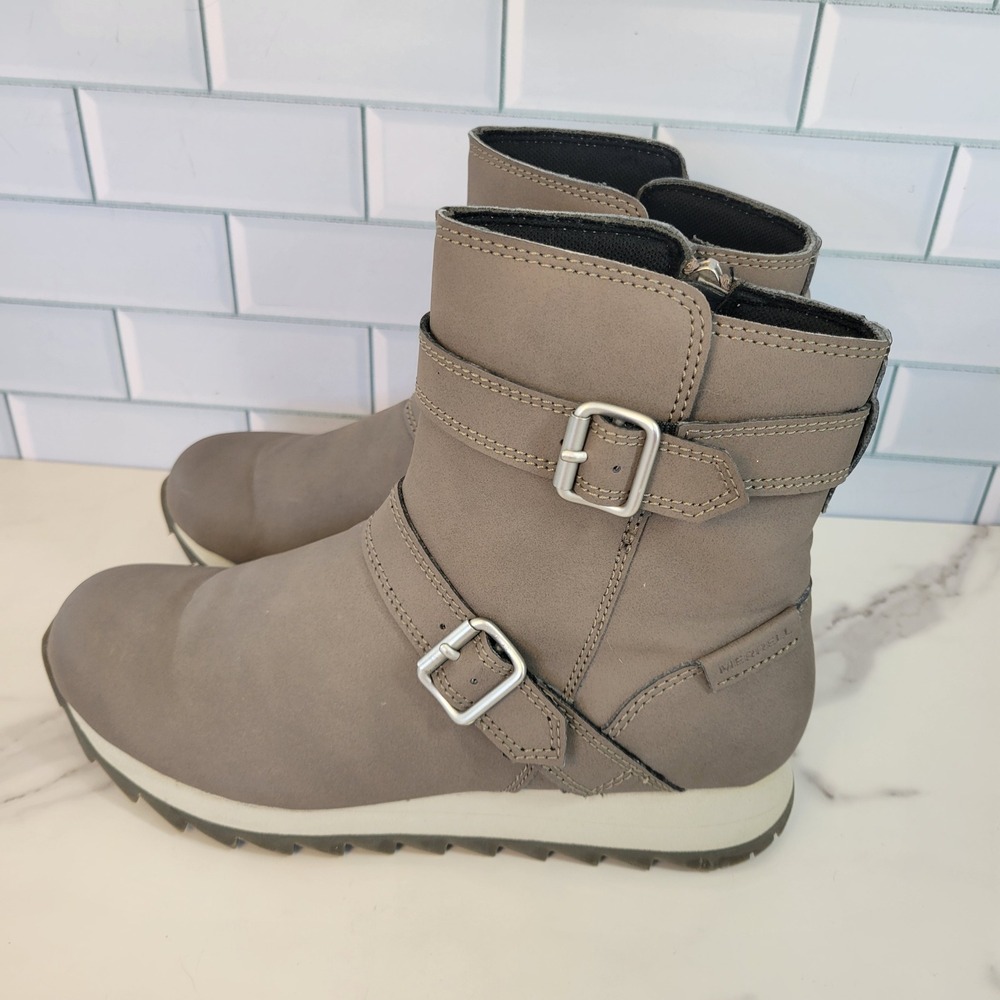 Merrell Ankle Boots Womens 7.5 Buckle Waterproof Gray Leather Moto Size Zip